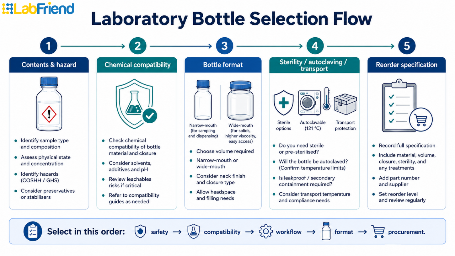 : Infographic showing a five-step laboratory bottle selection flow: contents and hazard, chemical compatibility, bottle format, sterility or autoclaving, and reorder specification.
